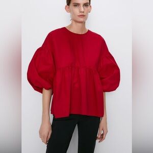 Zara Womens Balloon 3/4 Sleeve Blood
Red Back Zip Babydoll Oversized
Top Size L